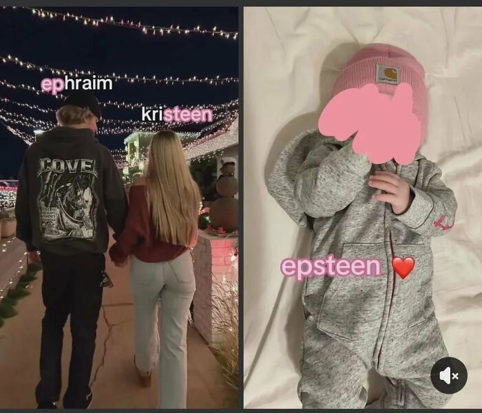 A split image of people who should've stayed off the internet. One side shows Ephraim and Kristeen, the other Epstein.