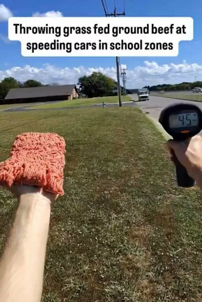 A hand holding raw ground beef and a speed radar gun, showing dumb people throwing it at speeding cars in a school zone.