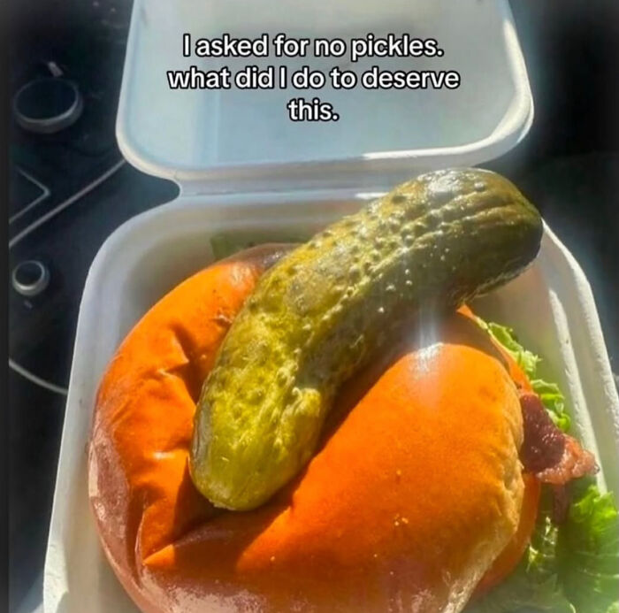 A burger in a takeout box with a whole pickle on top, showing a dumb mistake with food.