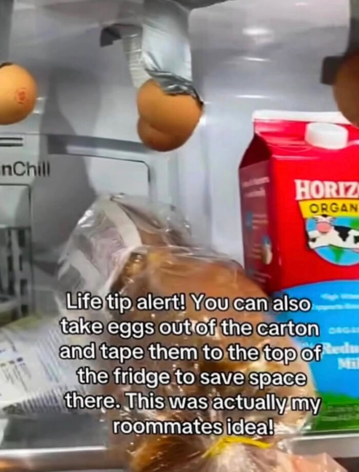 Eggs taped to the top of a fridge, a supposed life hack by dumb people saving space in a unique way.