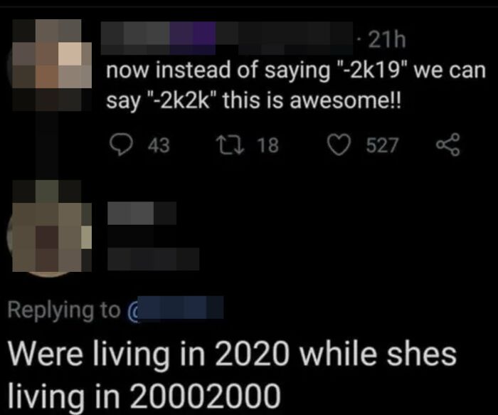A screenshot of a dumb person's tweet about 2k2k instead of 2k19, and a reply from another person correcting their low IQ.