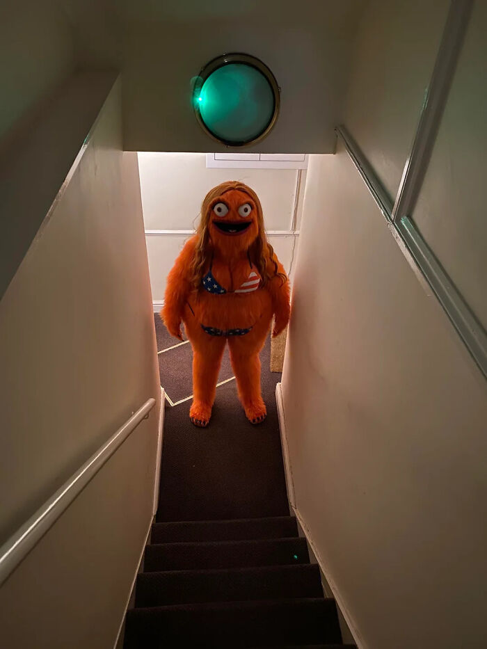An orange furry monster in a bikini stands at the top of stairs, one of many pics people cannot explain.