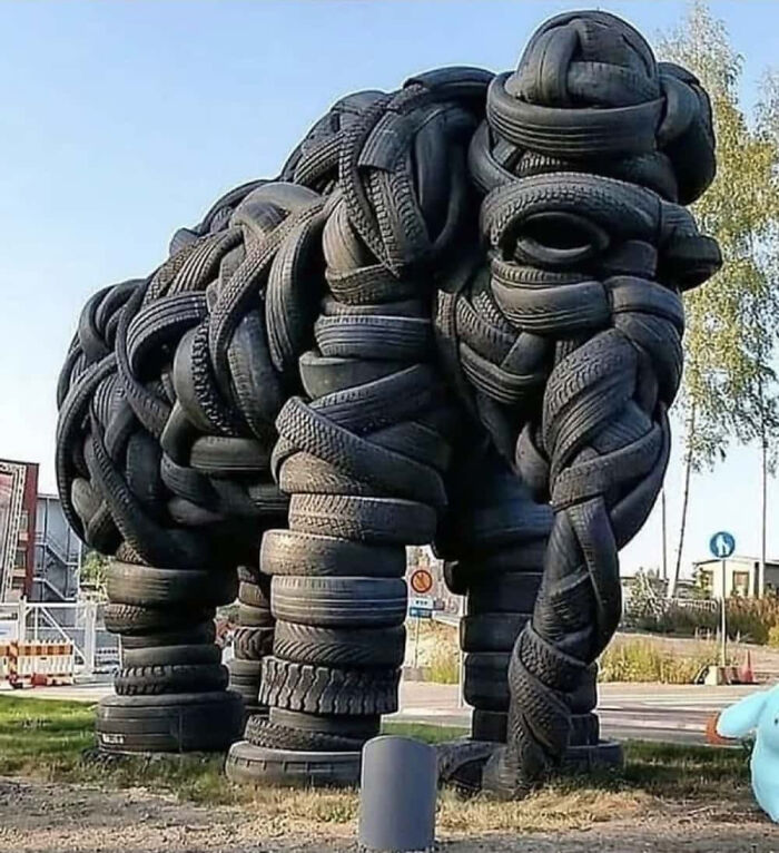 An elephant sculpture made from tires, an unexplainable pic that people cannot explain.