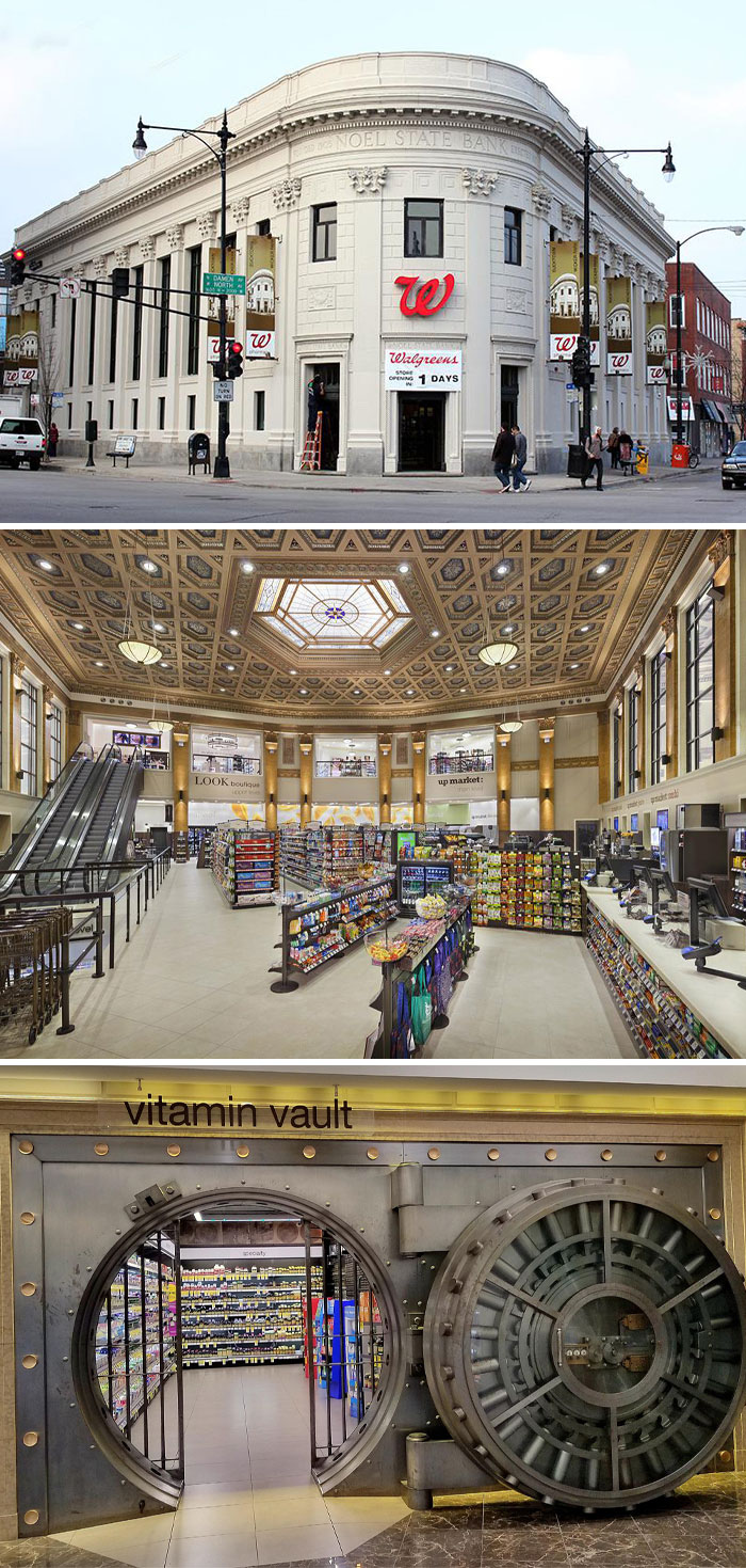 A Walgreens store occupying an old, ornate bank building, pretending to be something else entirely.