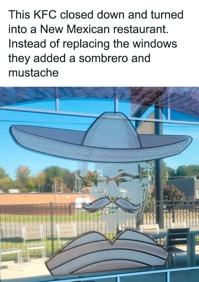 A former KFC restaurant transformed into a New Mexican eatery, pretending to be something else with window decals.