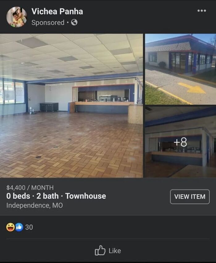 A Facebook ad for a townhouse with an interior showing a former restaurant setup, illustrating buildings pretending to be something they're not.