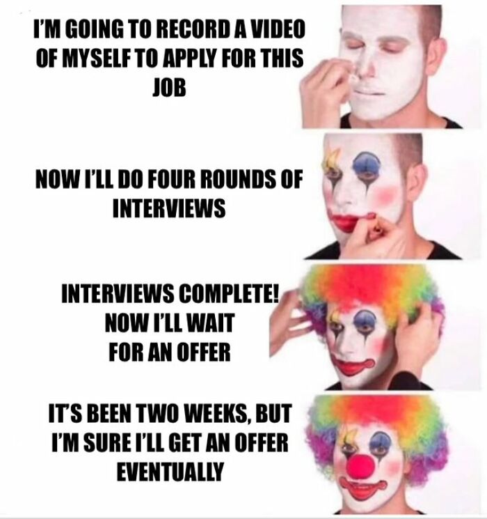A person transforming into a clown while going through the job application and interview process, a relatable Corporate Absurdity post.