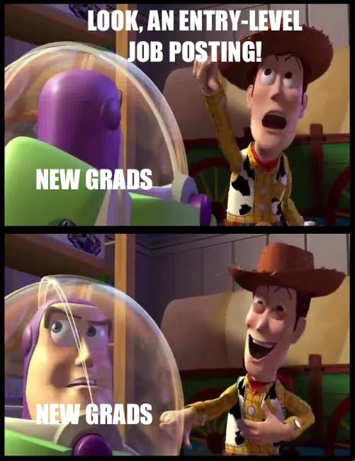 A Toy Story meme featuring Buzz and Woody, representing new grads reacting to an entry-level job posting, highlighting corporate absurdity.