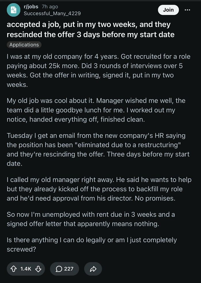A Reddit post from r/jobs detailing a painfully relatable experience of a rescinded job offer before the start date.