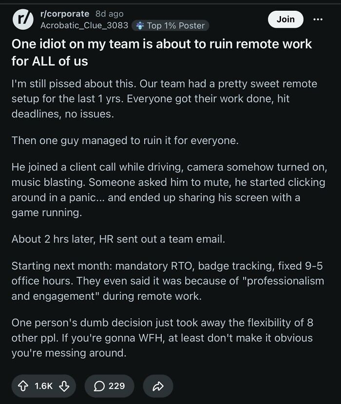 A Reddit post about corporate absurdity, detailing how one remote worker ruined flexible work for everyone with poor professionalism.