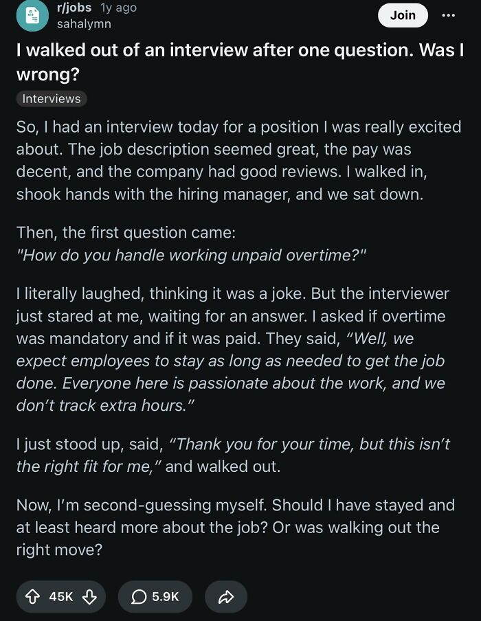 A Reddit post about corporate absurdity, detailing an interview where a candidate walked out after being asked about unpaid overtime, highlighting the absurdity of corporate culture.