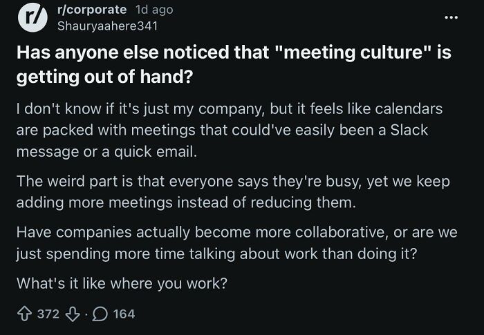 A Reddit post about corporate absurdity, questioning the excessive meeting culture in companies, highlighting the absurdity of corporate meeting practices.