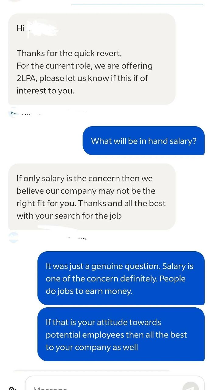 A chat conversation revealing corporate absurdity regarding a job applicant's salary inquiry.