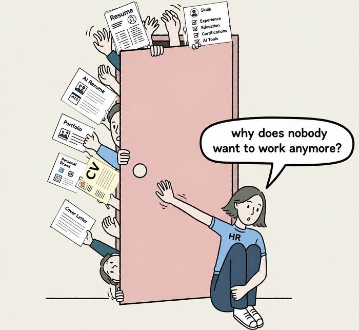 An HR person holding a door shut against numerous resumes, asking why nobody wants to work, depicting corporate absurdity.