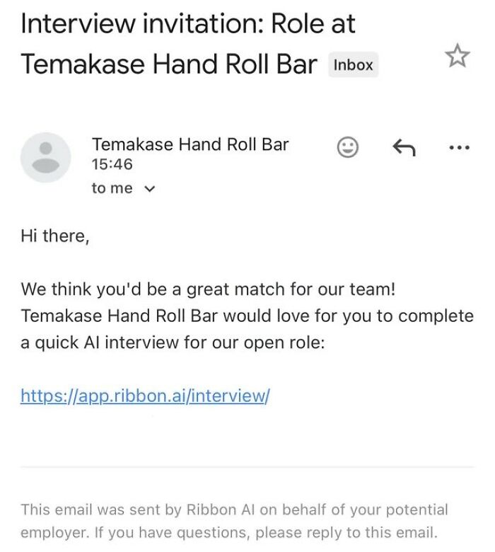 An email showing Corporate Absurdity, inviting a candidate to an AI interview for a hand roll bar role.