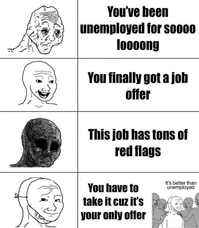 A four-panel meme depicting the Corporate Absurdity of taking a job with red flags due to unemployment.