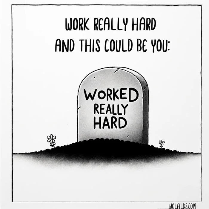 A tombstone with the words 'WORKED REALLY HARD' satirically representing corporate absurdity.