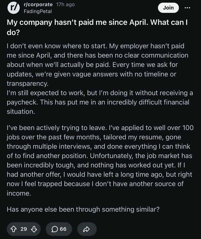 A corporate absurdity post from an employee whose company hasn't paid them since April, highlighting financial hardship.
