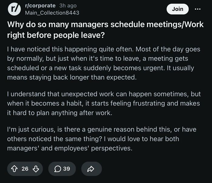 A corporate absurdity post about managers scheduling meetings right before employees leave, causing frustration.