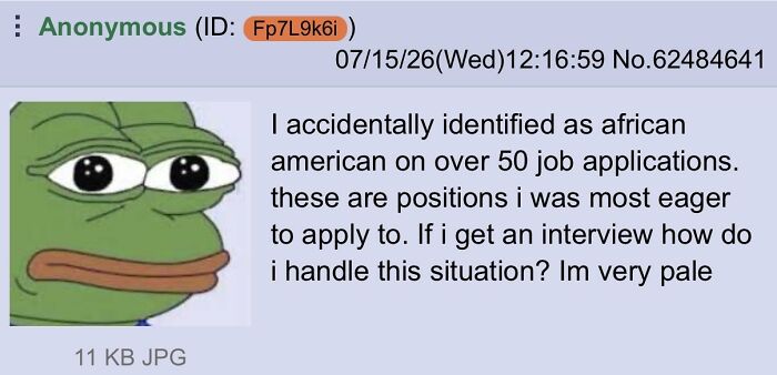 A meme with Pepe the frog reacting to a corporate absurdity post about mistakenly identifying as African American on job applications.