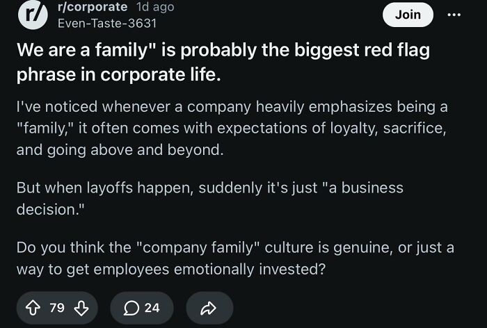 A Reddit post about the painfully relatable corporate absurdity of the red flag phrase We are a family in corporate life.