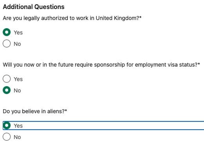 A screenshot of absurd additional job application questions, including Are you legally authorized to work? and Do you believe in aliens?