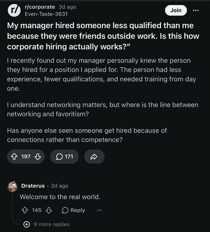 Reddit post discussing corporate absurdity in hiring: manager hired less qualified friend, showing favoritism over competence.