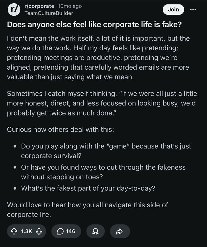 Reddit post questioning corporate absurdity and the fakeness of corporate life, relatable for those ready to retire.