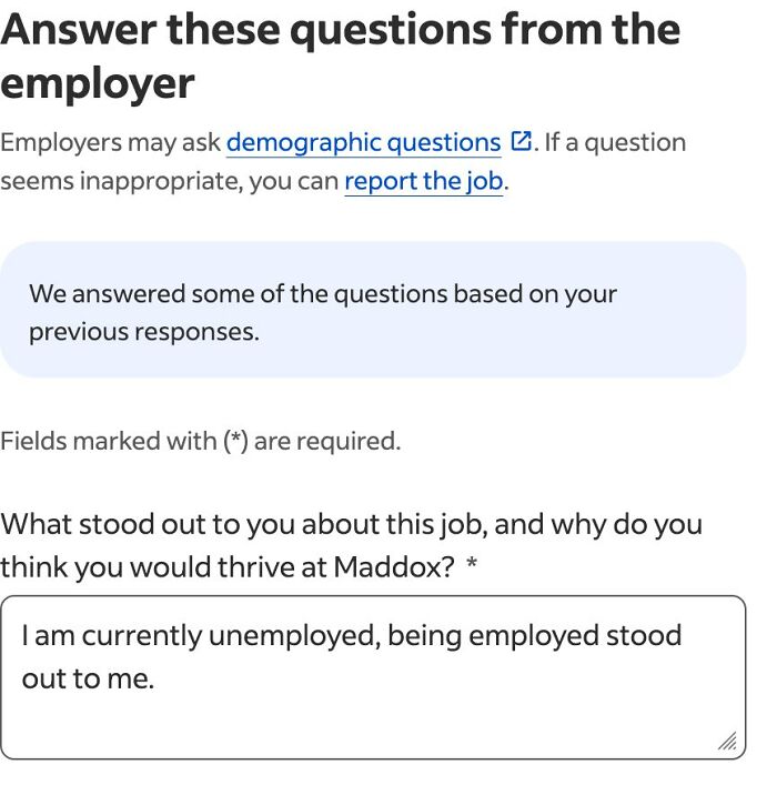 Screenshot of a job application response showing corporate absurdity, where the applicant is ready to retire from unemployment.