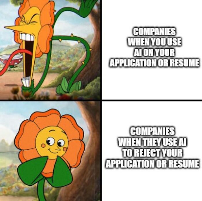 A meme showing two images of a flower character, depicting corporate absurdity regarding AI in applications, making one ready to retire.