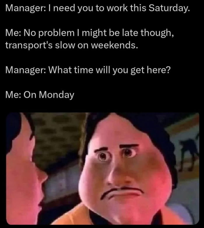 A meme with a character making a funny face, representing the painful absurdity of corporate work requests and being ready to retire.