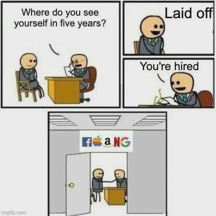 A comic strip about being laid off then hired by FAANG, illustrating corporate absurdity and feeling ready to retire.