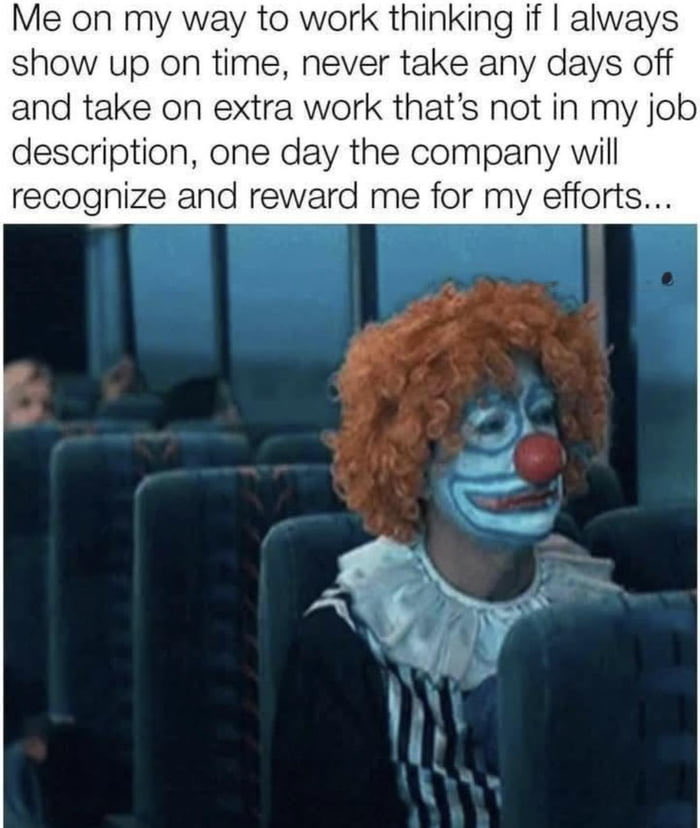 A person dressed as a clown on a bus, reflecting the painful absurdity of corporate life and feeling ready to retire.
