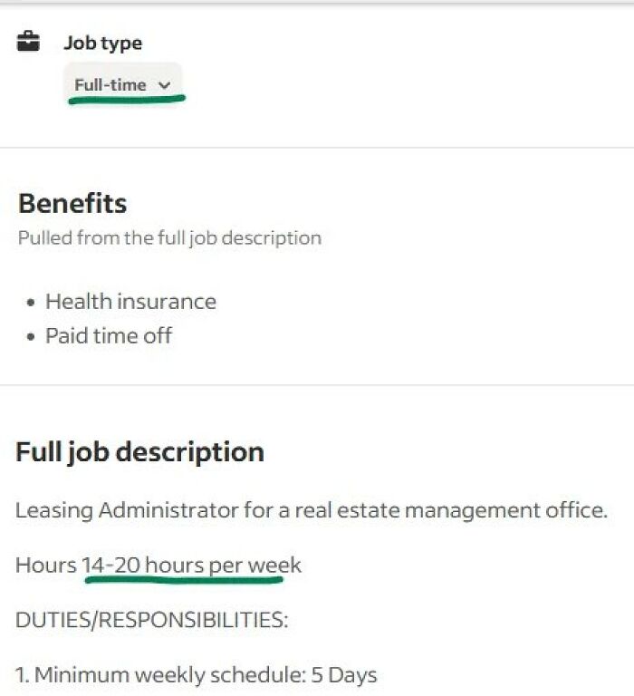 A screenshot showing job type listed as Full-time with hours of 14-20 per week highlighting corporate absurdity.