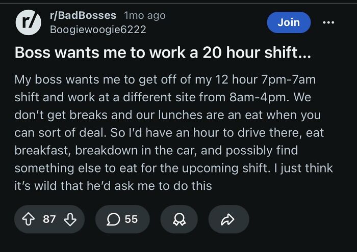 A Reddit post titled Boss wants me to work a 20 hour shift, a painfully relatable example of corporate absurdity.