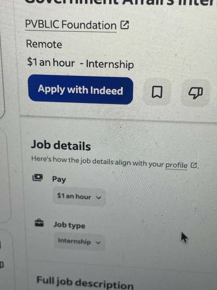 A screenshot of a job posting for a remote internship offering $1 an hour, a painfully relatable corporate absurdity.