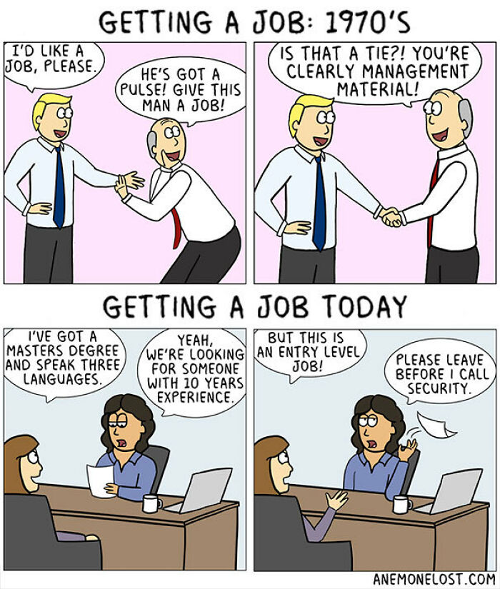 A comic contrasting getting a job in the 1970s versus today, highlighting corporate absurdity and job market changes.