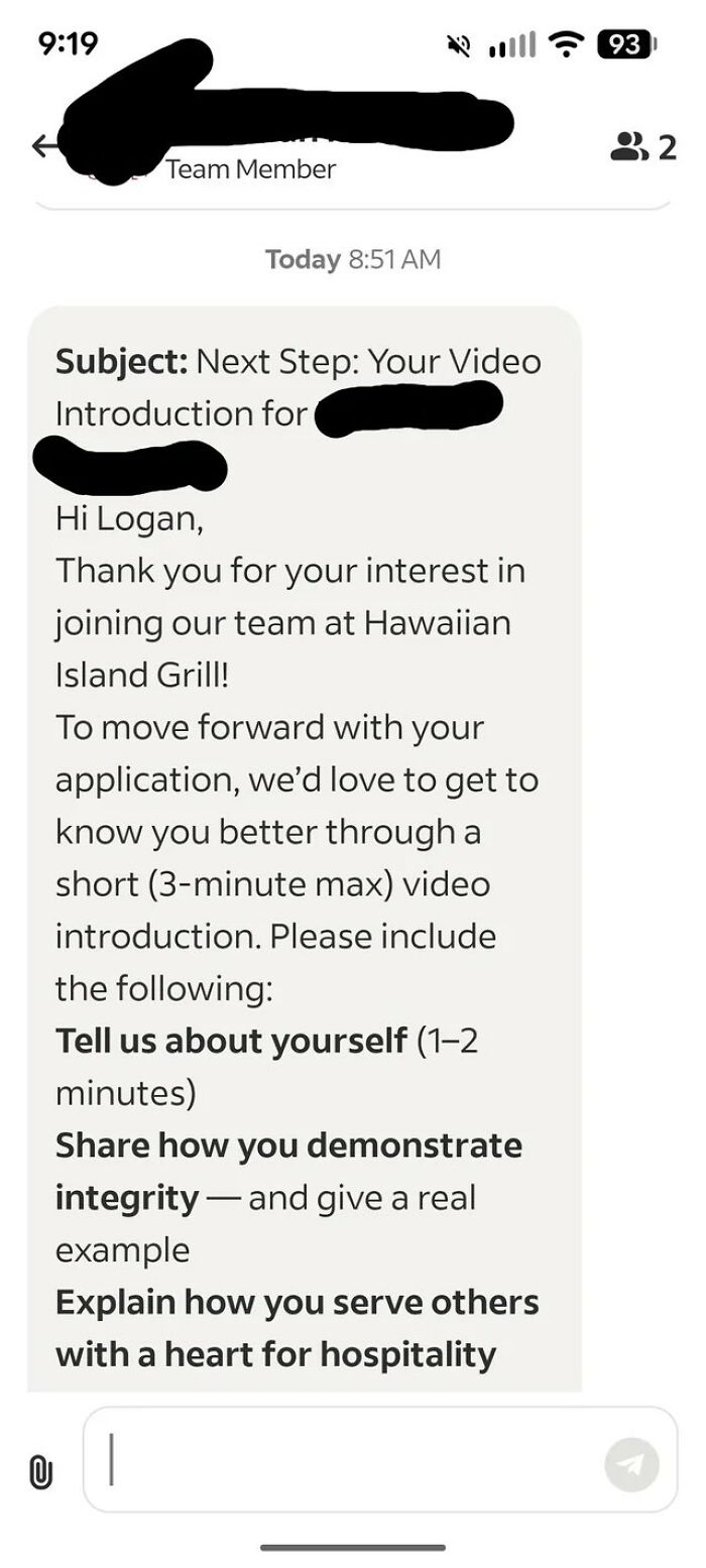 A text message with the subject Next Step: Your Video Introduction, detailing requirements for a job application, an example of corporate absurdity.