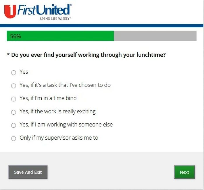 A survey question asking, Do you ever find yourself working through your lunchtime? with various answer choices, a relatable post about corporate absurdity.