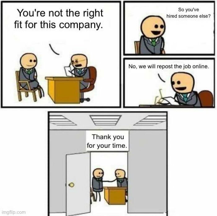 Corporate absurdity post: cartoon panels showing a job interview where the company re-posts the job.