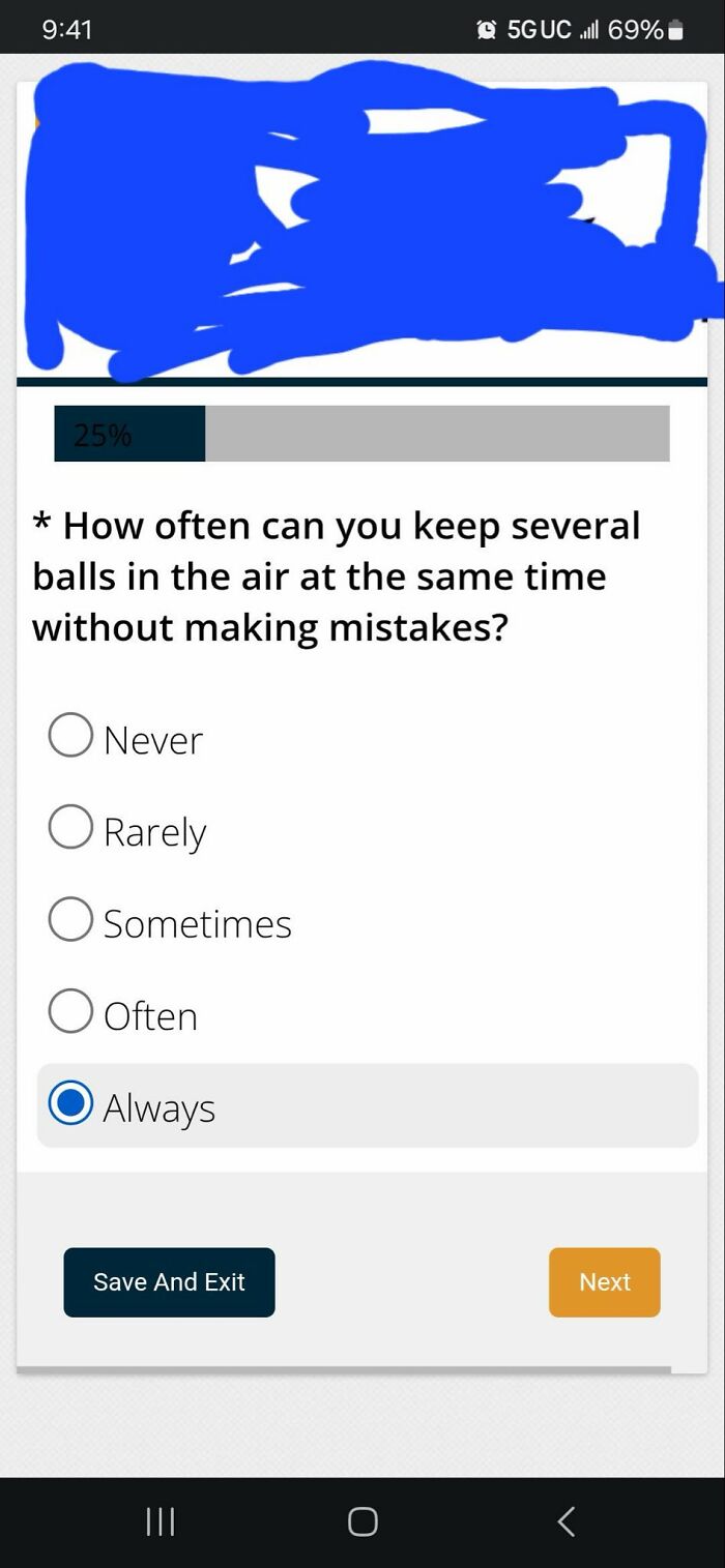 Corporate absurdity post asking about multitasking ability; always is selected.