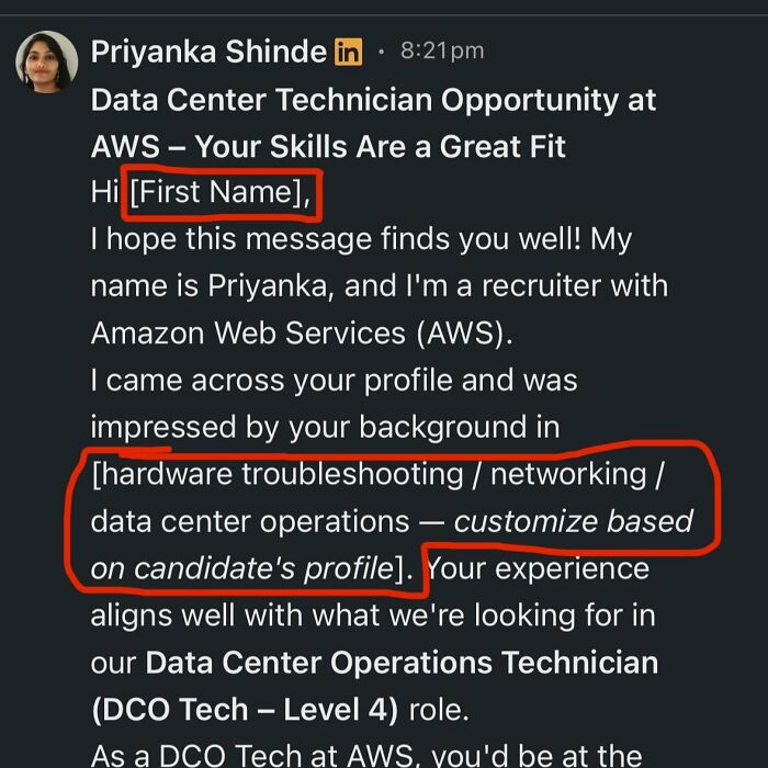 A LinkedIn message showing a recruiter's corporate absurdly generic template with placeholders for name and skills, offering a job opportunity.
