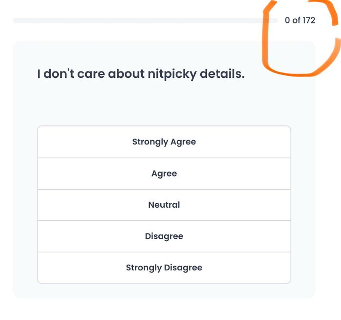 A screenshot from a corporate absurd job application with 0 of 172 questions completed, asking about nitpicky details.