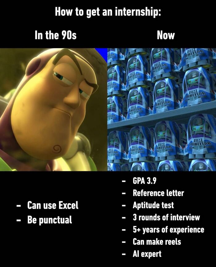 A meme contrasting internship requirements in the 90s (Buzz Lightyear) vs. now (many Buzz Lightyears), highlighting corporate absurdity.