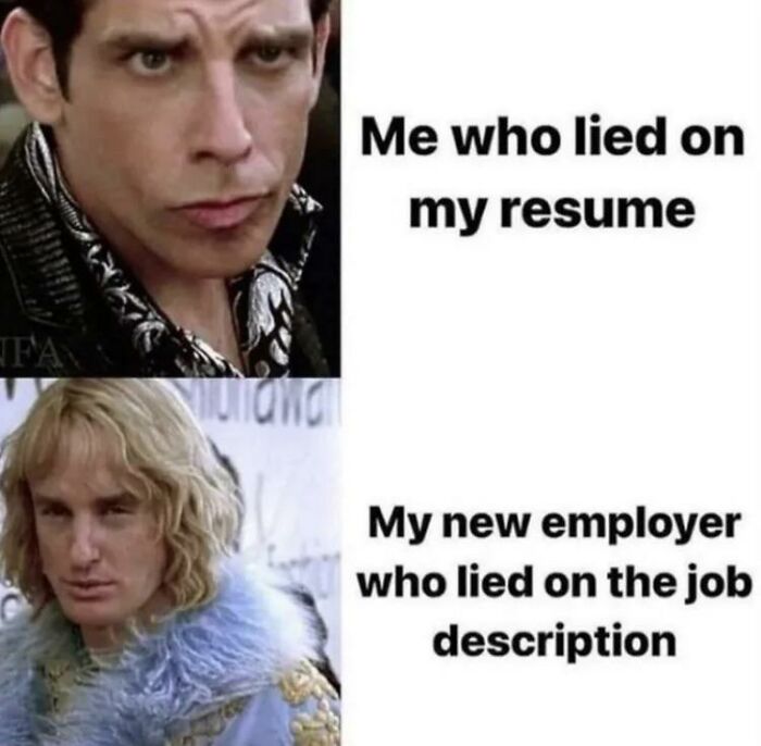 Corporate absurdity: A meme with two faces side-by-side representing lying on a resume and an employer lying on the job description.