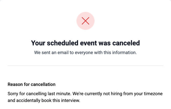 Screenshot of an email cancelling a job interview, showcasing corporate absurdity.