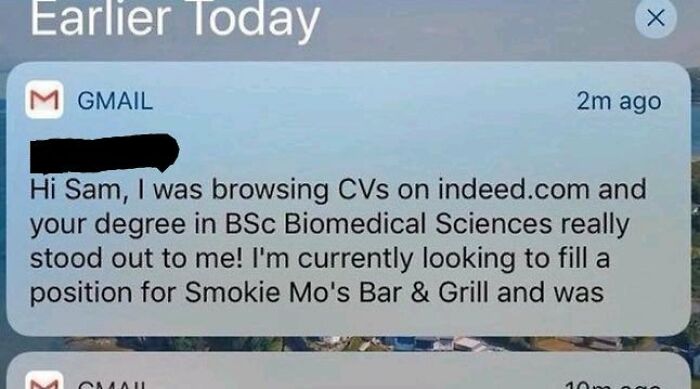 A Gmail notification from Corporate Absurdity showing a job offer for a bar, despite the applicant having a BSc in Biomedical Sciences.