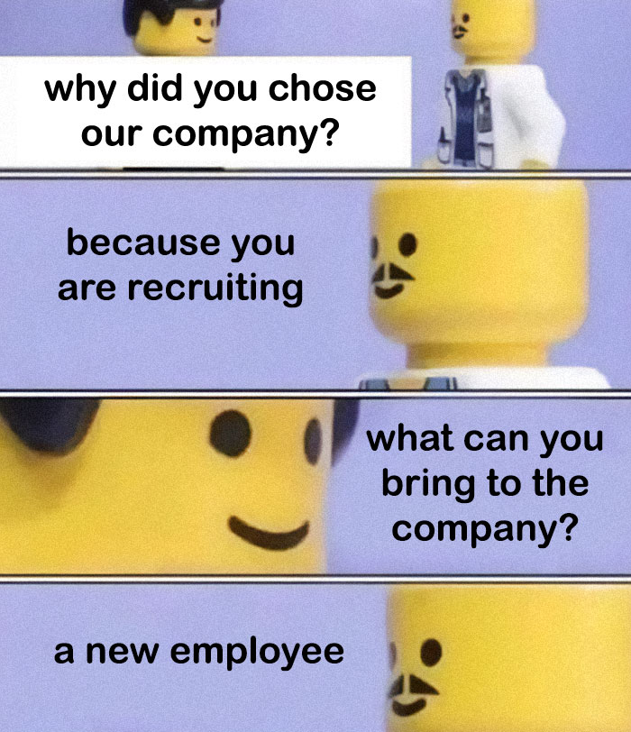 A LEGO meme showing a humorous job interview exchange about corporate absurdity and reasons for seeking employment.