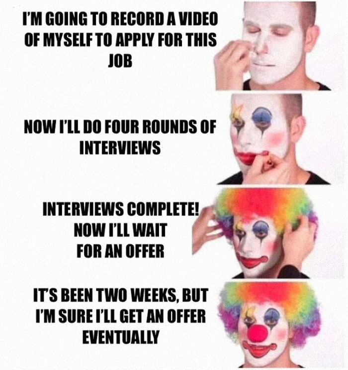 A person transforming into a clown while going through the job application and interview process, a relatable Corporate Absurdity post.