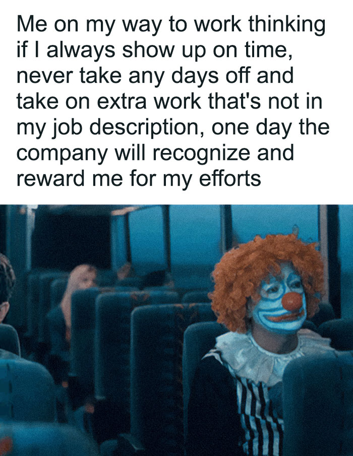 A person dressed as a clown on a bus, reflecting the painful absurdity of corporate life and feeling ready to retire.
